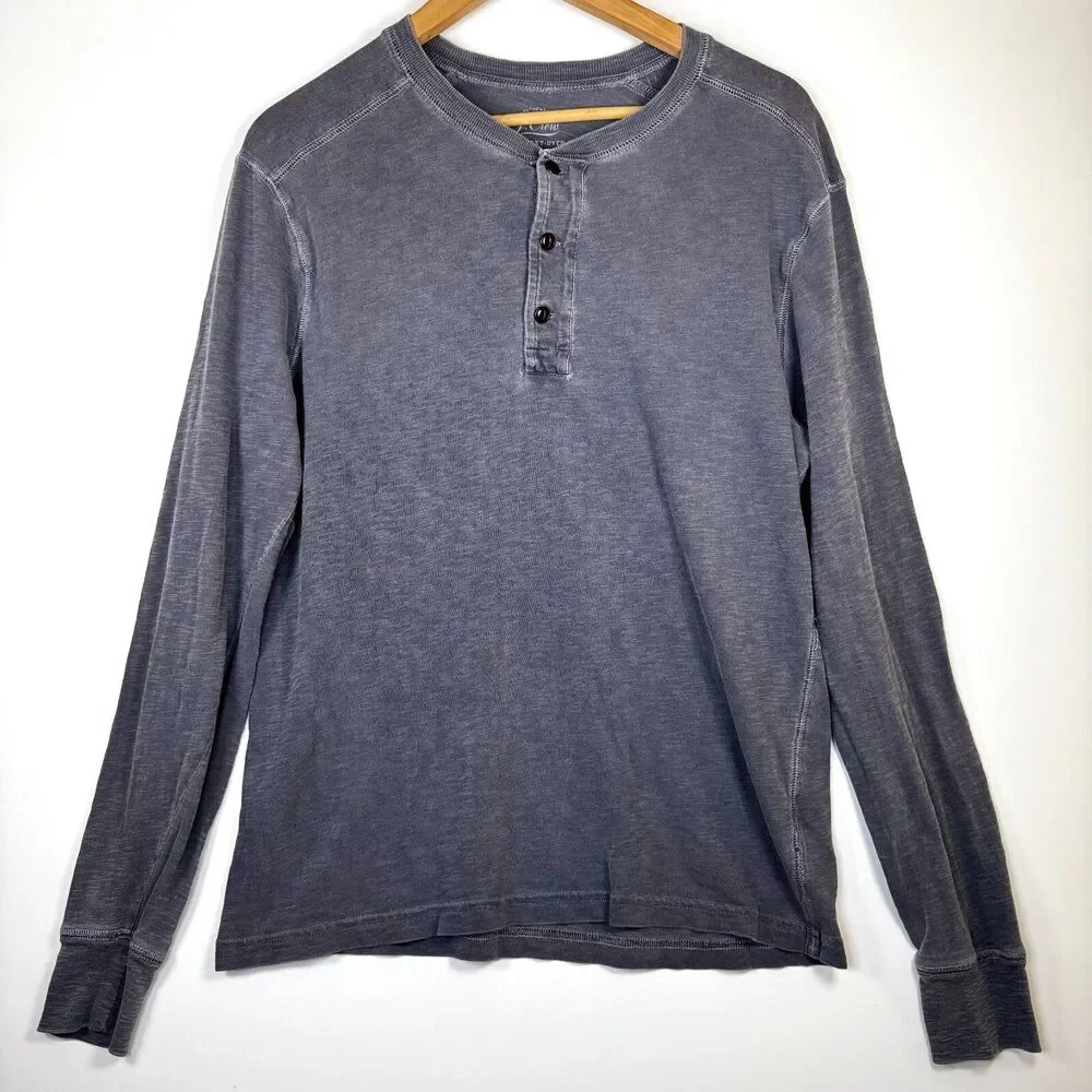 J Crew Henley Shirt Mens Medium Gray Garment Dyed Long Sleeve Knit Made in‎ USA